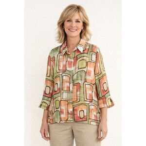 Alfred Dunner Women’s Blouse Size 16  Green Peach Abstract Print 3/4 Sleeve Top